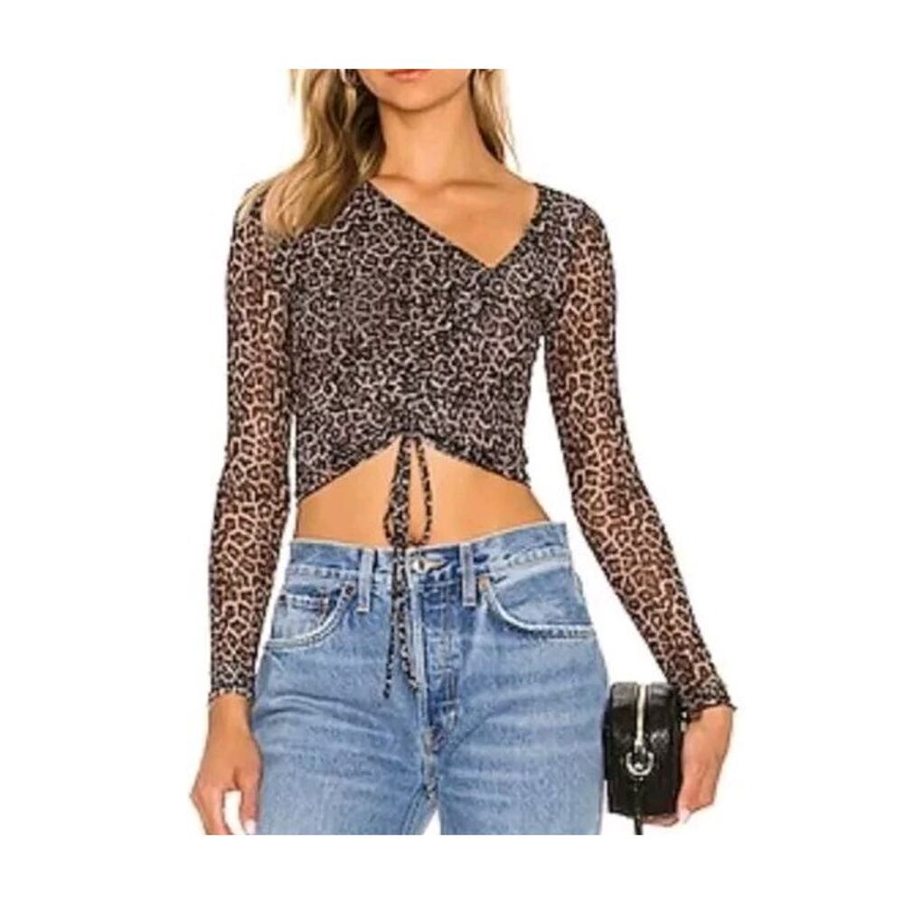 Superdown Blouse destiny mesh tie leopard sheer top Brown Size S A001433